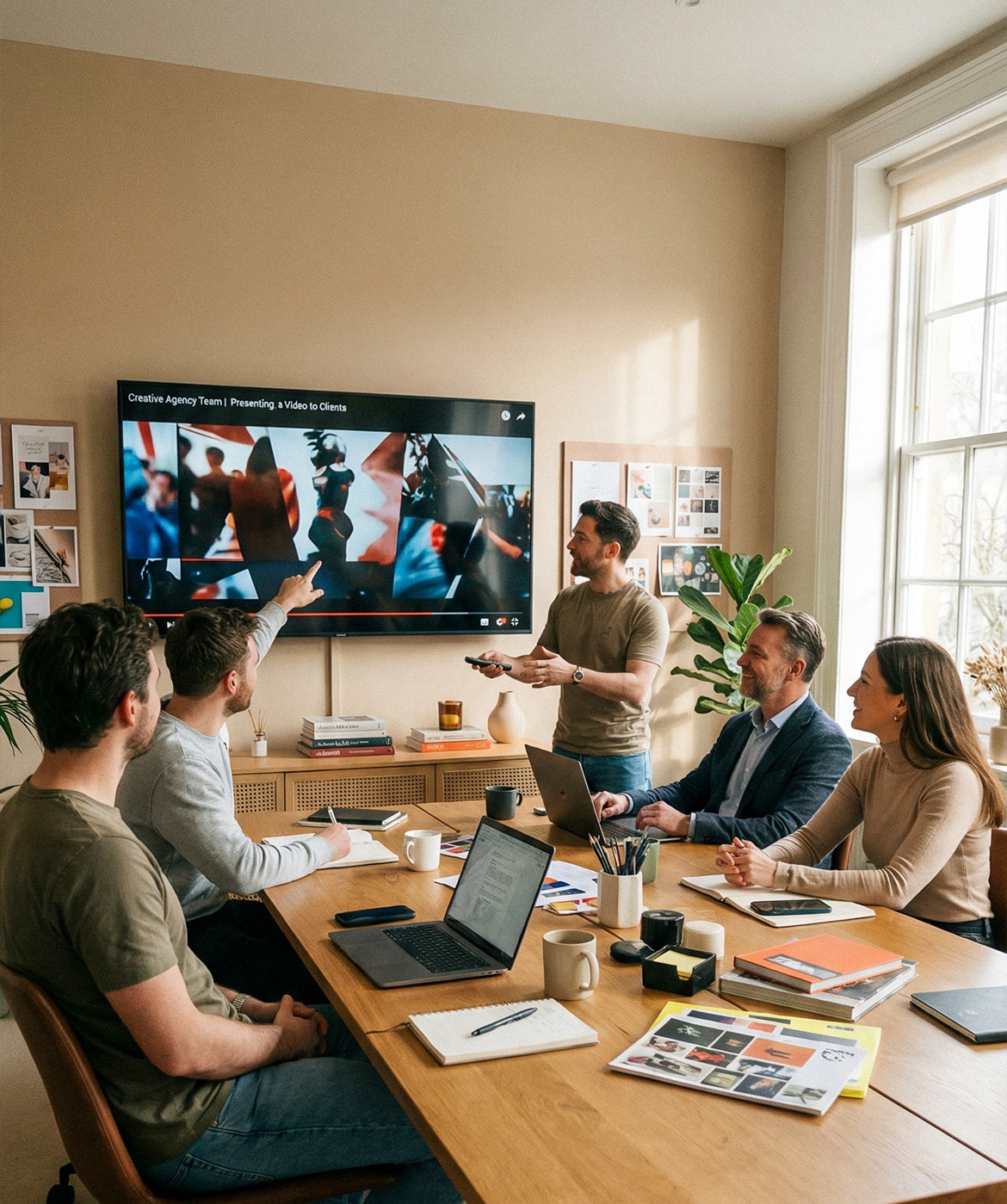 Réunion d’équipe dans une agence de production audiovisuelle présentant une moodtape vidéo à des clients en salle de réunion