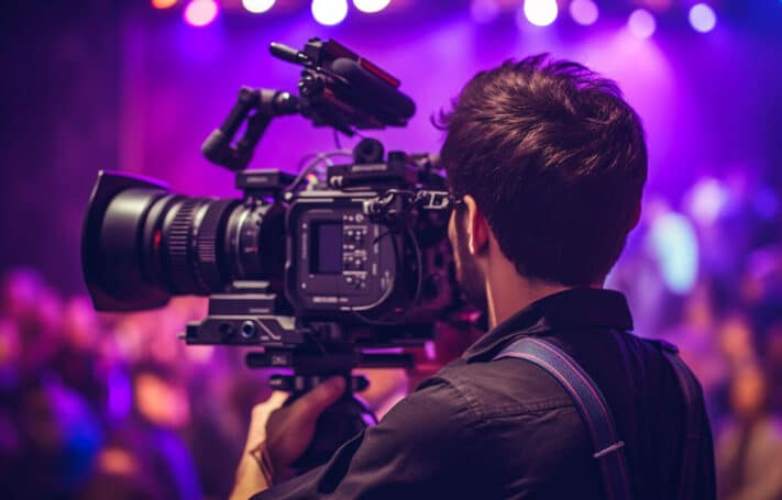 Un cameraman professionnel de dos, en train de filmer un événement d'entreprise pour une captation vidéo.