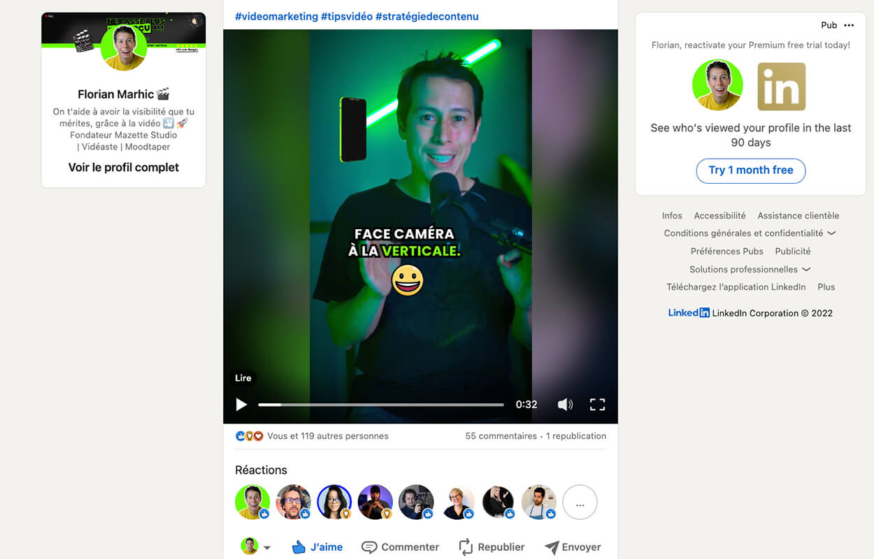 Fort engagement de la part de l'audience sur un post Linkedin en vidéo de Florian MARHIC 