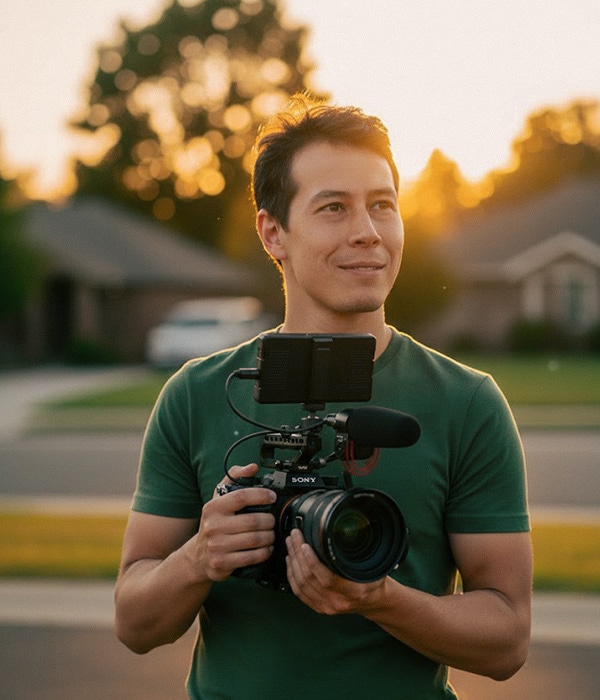 Florian Marhic, fondateur de Mazette Studio, tenant une caméra Sony FX3 en extérieur, pendant un tournage vidéo professionnel.
