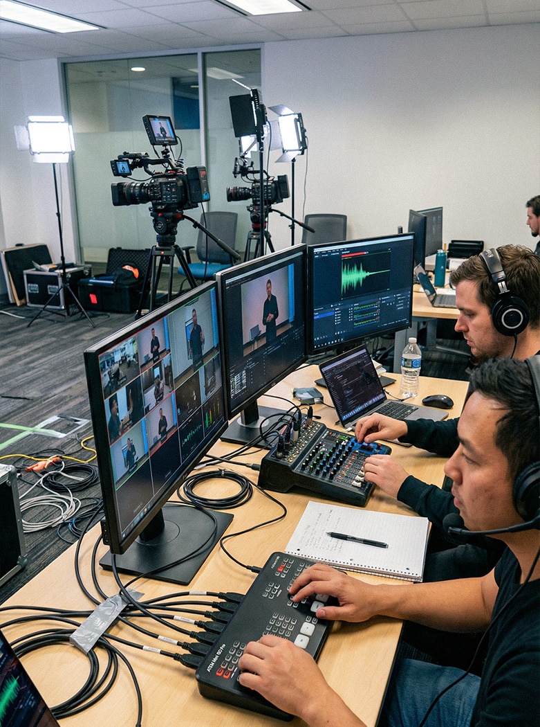 Régie de live streaming en entreprise avec techniciens vidéo et audio pilotant un webinar professionnel en direct