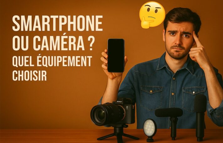 Homme hésitant entre un smartphone et une caméra Sony A7IV pour filmer, avec accessoires vidéo sur fond marron et texte 'Smartphone ou caméra ? Quel équipement choisir