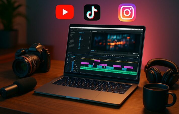 Poste de travail avec ordinateur portable affichant un logiciel de montage vidéo, entouré d’un appareil photo, d’un micro, d’un casque audio et de logos YouTube, TikTok et Instagram en arrière-plan.