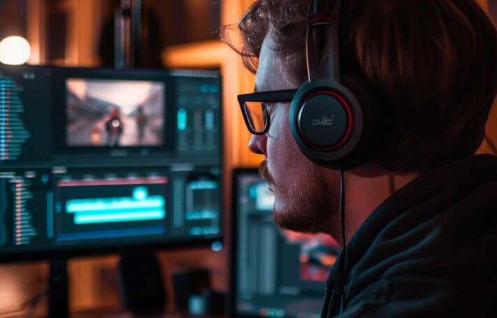 Un homme est en train de monter une vidéo sur son ordinateur, il porte un casque audio face à son écran