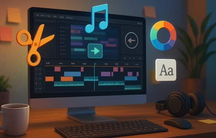 Écran d’ordinateur affichant une timeline de montage vidéo colorée avec des pistes audio, du texte, et des icônes flottantes représentant des outils de post-production comme les ciseaux, une note de musique, une roue colorimétrique et un titre.