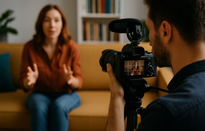 Un vidéaste filme une femme assise sur un canapé, parfaitement cadrée selon la règle des tiers sur l’écran de son appareil photo, dans un décor chaleureux.