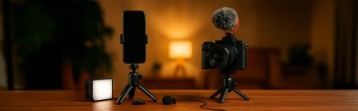 Matériel de tournage vidéo posé sur une table : smartphone sur trépied, caméra hybride Sony avec micro, lampe LED et micro-cravate dans un décor chaleureux.
