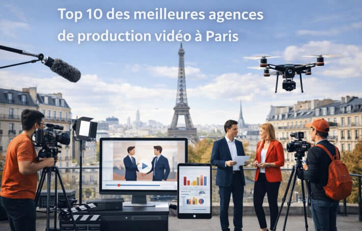 Équipe de production vidéo en tournage à Paris avec la Tour Eiffel en arrière-plan – illustration article Top 10 agences de production vidéo à Paris