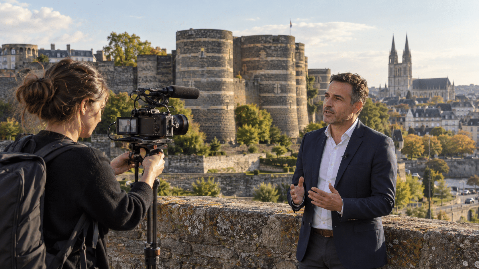 Vidéaste réalisant une interview d’entreprise à Angers devant le Château d’Angers
