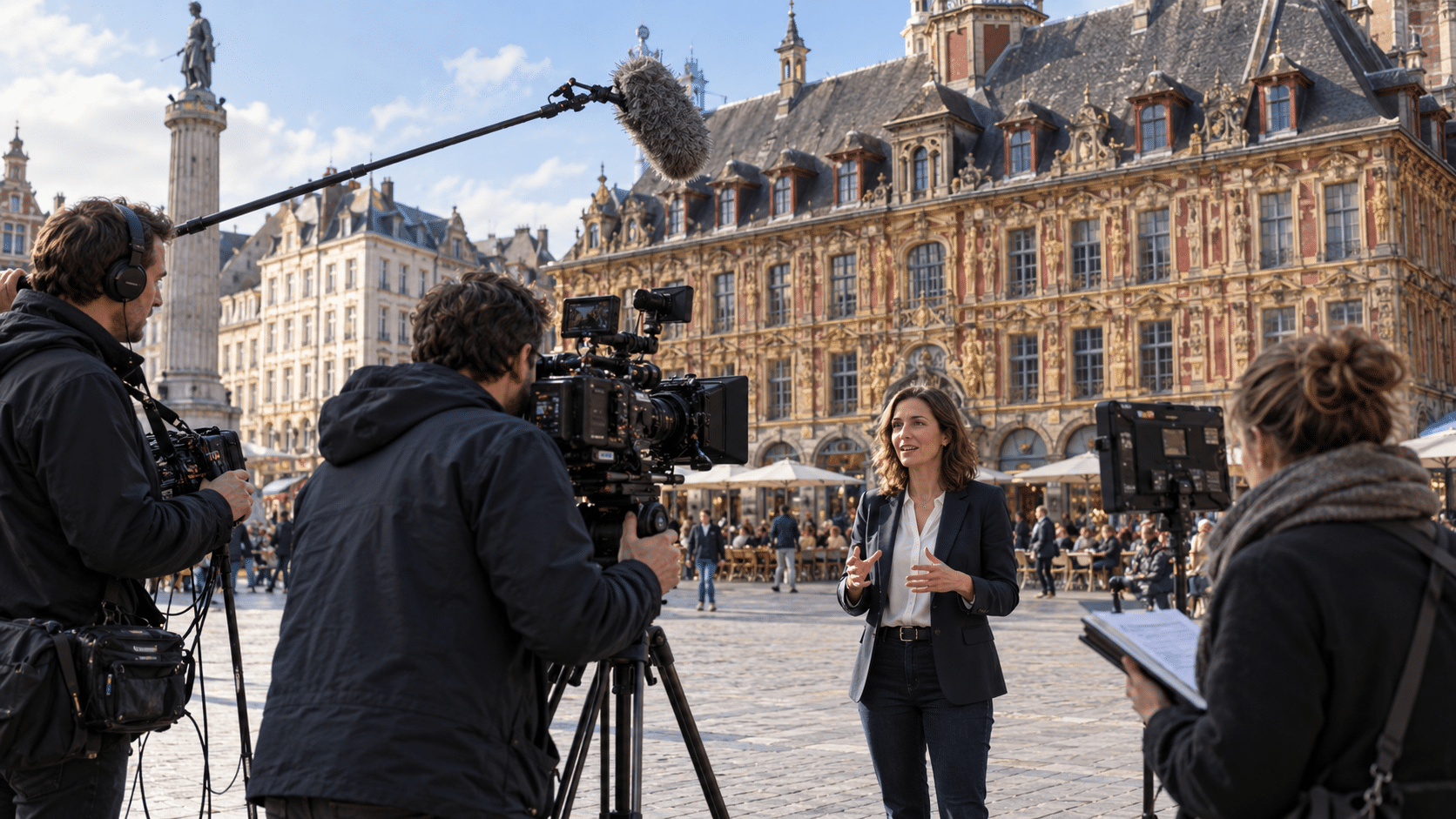 Équipe de production vidéo réalisant un tournage d’entreprise sur la Grand-Place de Lille