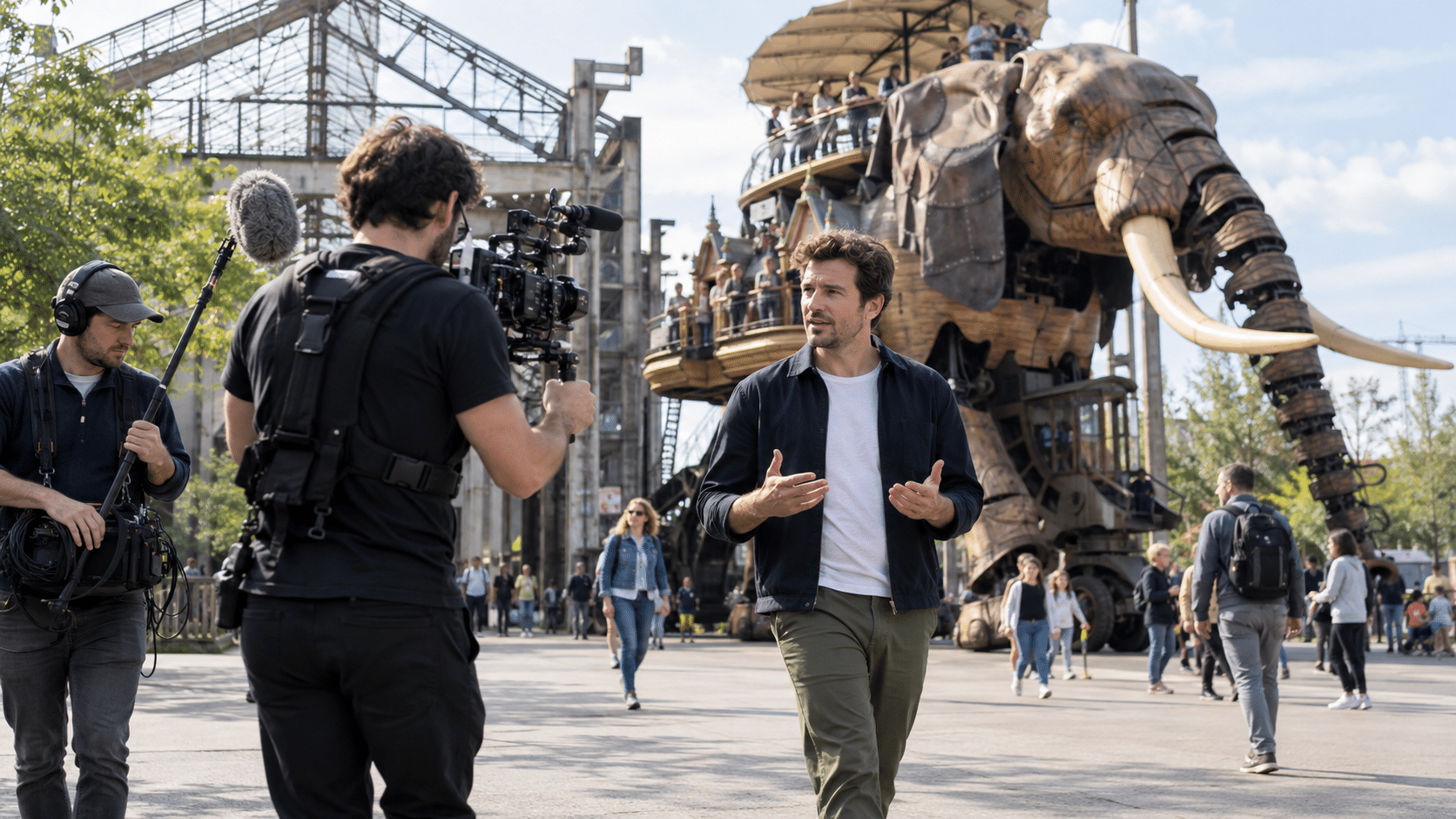 Équipe de tournage filmant un professionnel à Nantes devant le Grand Éléphant des Machines de l’Île