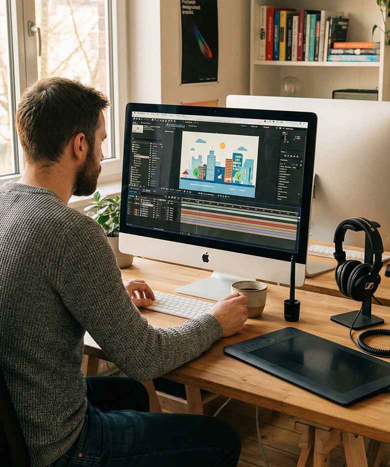 Motion designer travaillant sur une animation vidéo sur After Effects dans un studio de création, devant un iMac avec tablette graphique