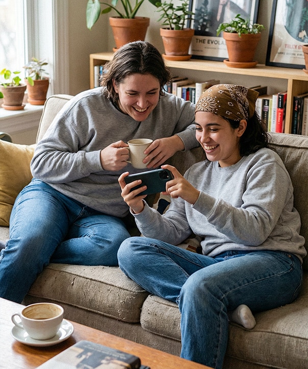 Deux jeunes adultes assis sur un canapé regardent une vidéo sur smartphone, souriants, dans un salon chaleureux et cosy.