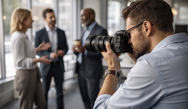Photographe corporate en action dans un bureau professionnel lors d'un shooting pro