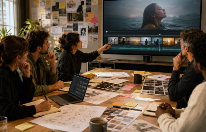 Présentation d’une moodtape vidéo lors d’un pitch créatif en agence