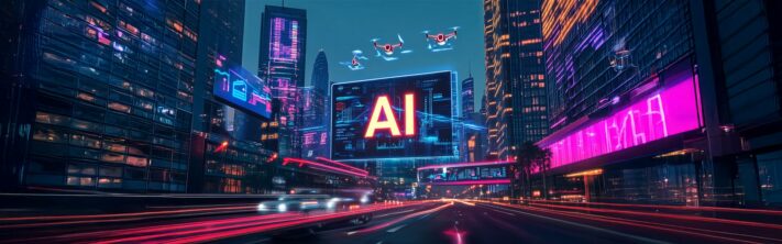 Ville futuriste illuminée avec des écrans digitaux affichant le mot "AI", des drones et des données numériques symbolisant l’intelligence artificielle dans un univers technologique.